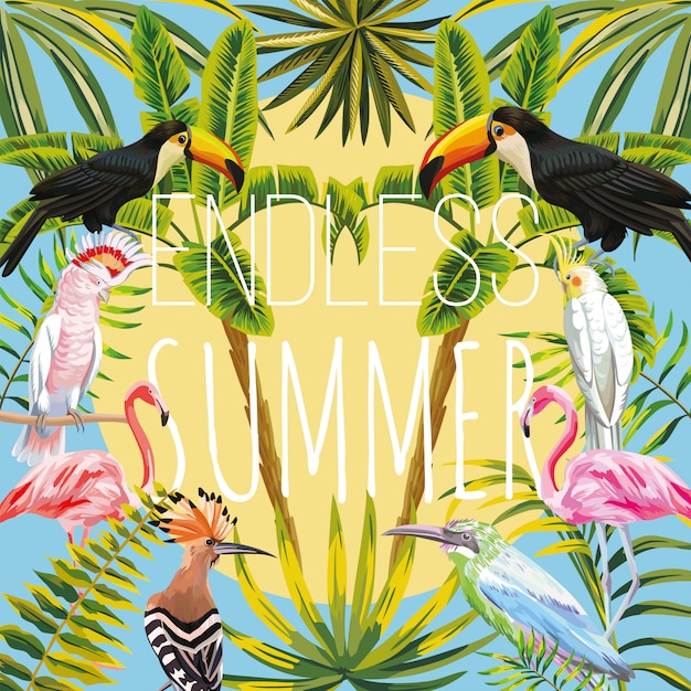 Lema interminable de verano en aves tropicales: tucán, loro, abubilla, flamencos rosados, palmas de plátano y hojas de sol cielo. vector de día de verano cálido