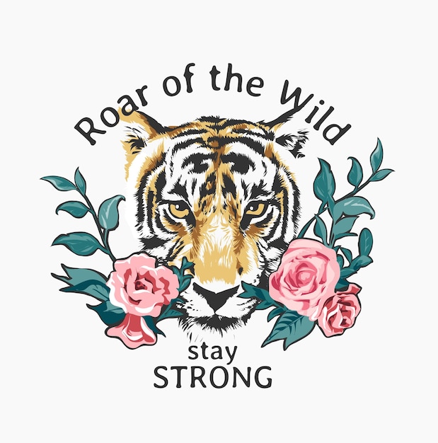 Lema de tipografía con cabeza de tigre y parche de rosas ilustración