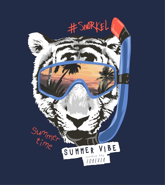 Lema de tipografía con cara de tigre b / n en la ilustración de máscara de snorkel