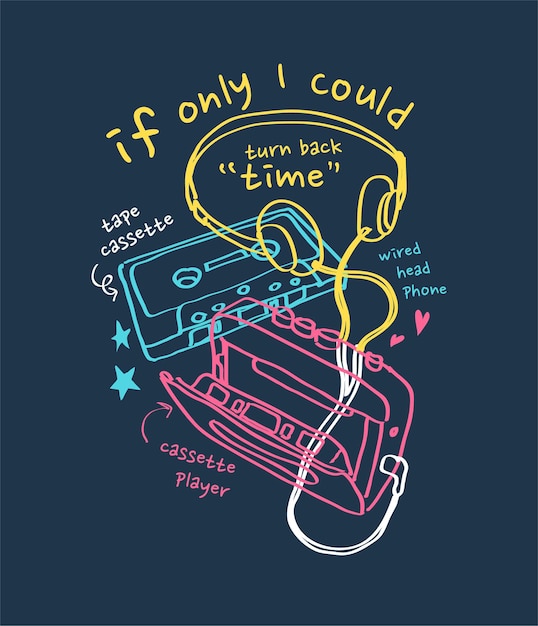 lema de tipografía con cinta de cassette de contorno colorido y auriculares