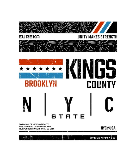 Lema tipográfico del condado de los reyes de Brooklyn, prendas de vestir, diseño abstracto, ilustración de impresión vectorial