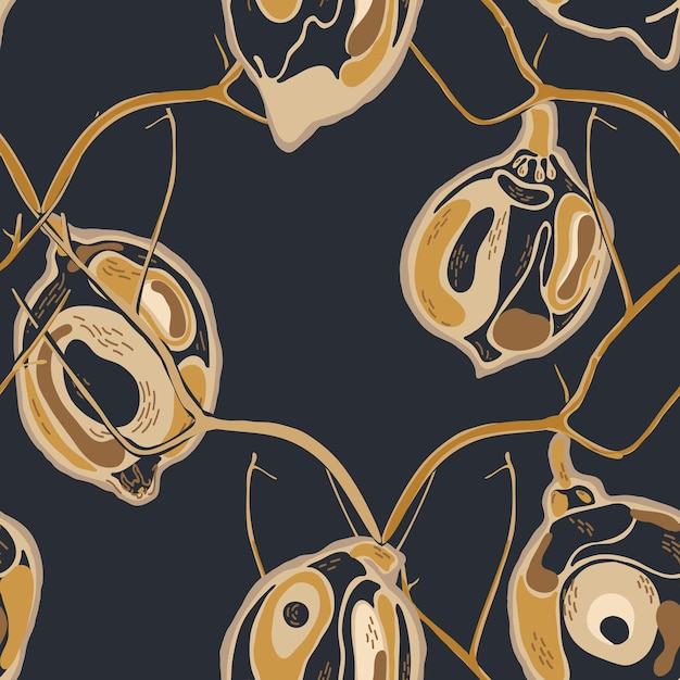 Lemon Seamless Pattern. Oro amarillo Fondo moderno dibujado a mano. Motivo de limón psicodélico. Marcador simple. Ilustración botánica. Impresión vectorial de limón de verano.