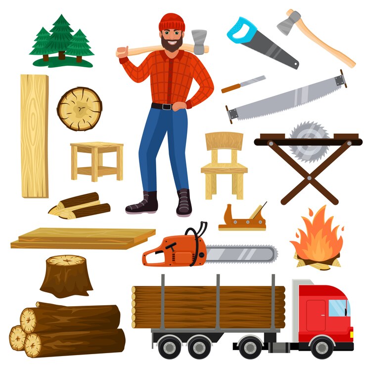 Vector el leñador y el leñador de madera sierras conjunto de madera o madera dura de materiales de madera en aserradero y leñador hombre aislado sobre fondo blanco.