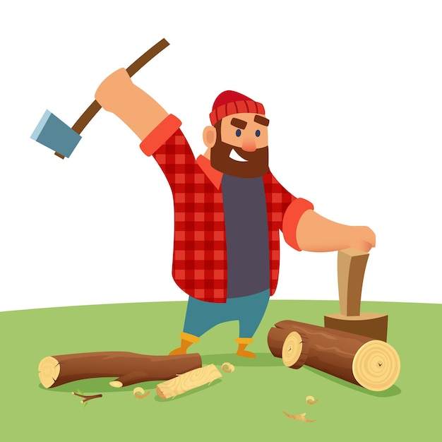 Vector leñador personaje al aire libre leñador rompiendo madera con una gran hacha personas vectoriales ilustración del personaje leñador o leñador