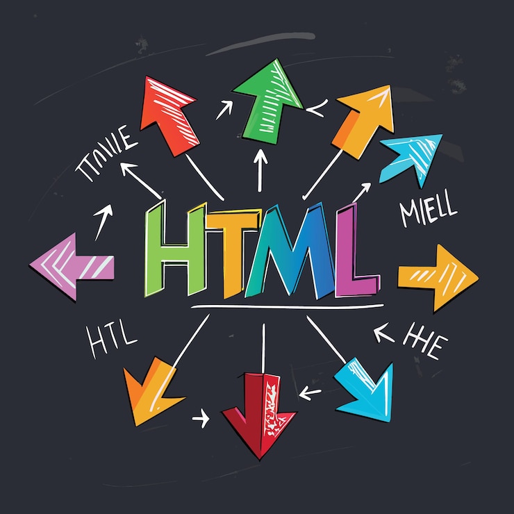 Vector lenguaje de codificación html programación para sitio web blog y concepto de seo flechas de varios colores que apuntan a