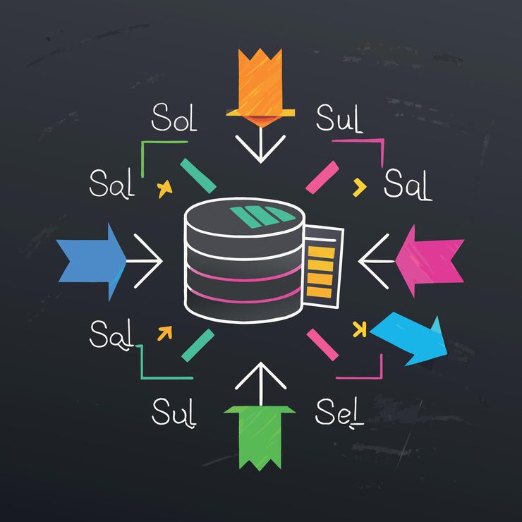 Vector lenguaje de programación sql moderno para bases de datos en el desarrollo de software o concepto de aplicación multi