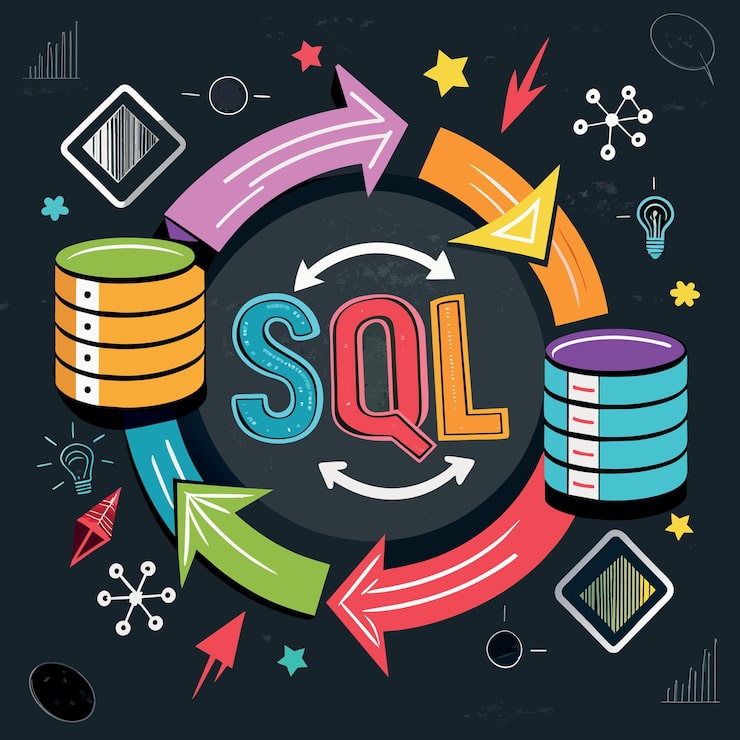 Vector lenguaje de programación sql moderno para bases de datos en el desarrollo de software o concepto de aplicación multi