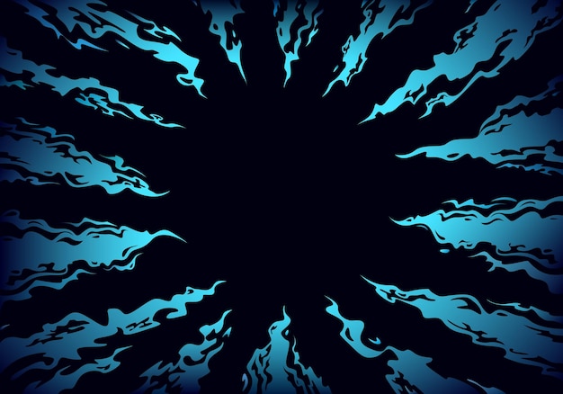 Lenguas de fuego azul dirigidas al centro sobre un fondo negro Llama de fuego azul de fantasía cómica