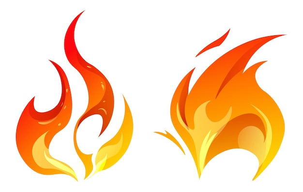 Lenguas de llama ardiente fuego iconos aislados Ardiente realista de explosión de chimenea con brillo y brillo Elemento natural peligroso ingrediente inflamable Vector en ilustración de estilo plano