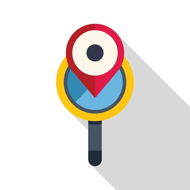 Lente de ampliación que señala la ubicación con el icono del pin del mapa