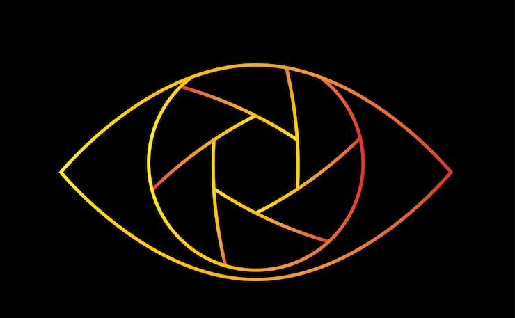 Vector una lente de cámara creativa con hojas de apertura como un ojo que todo lo ve sobre un fondo negro concepto de psicología ilustración vectorial