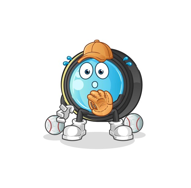 Lente de cámara de dibujos animados de Catcher de béisbol. vector de mascota de dibujos animados