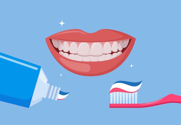 Lente de dientes con pasta de dientes y tubo de pasta de dientes Buena boca sonriente con dientes sanos
