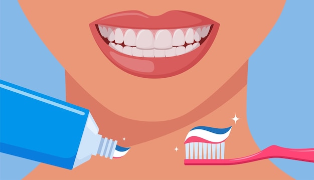 Lente de dientes con pasta de dientes y tubo de pasta de dientes Buena boca sonriente con dientes sanos