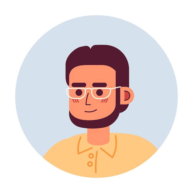 Vector lentes barbudos hombre asiático relajado de pie ilustración de avatar vectorial 2d rostro alegre de personaje de dibujos animados masculino maduro foto de cabeza segura posando en color plano imagen de perfil de usuario aislada en blanco