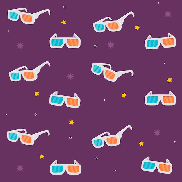Lentes de cine 3D patrón Ver películas Estrellas y gafas de sol Tecnología de visión Gafas de cine azules o rojas Gafas estereoscópicas Impresión cinematográfica Fondo sin costuras vectorial