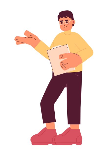 Lentes hombre asiático leyendo documentos personaje de dibujos animados 2D hombre conferenciante coreano persona vectorial aislada fondo blanco profesor universitario adulto sosteniendo papeleo color ilustración de punto plano