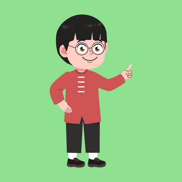 Lentes lindos Chico chino con cabello negro dibujos animados señalando la mano explicado