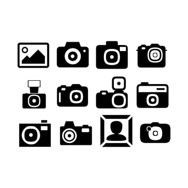 Lentes de obturador de la cámara y conjunto de iconos de la cámara fotográfica Vector de icono de la cámara del logotipo de la fotografía