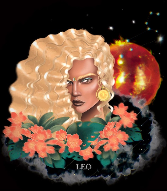 Vector leo zodiaco con flores de clivia