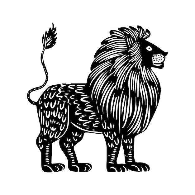 León africano en estilo texturizado de linocuto aislado en ilustración vectorial de fondo blanco
