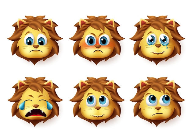 León animal emoji vector conjunto lindo emoji de leones cara en emociones y expresiones tristes y enojadas