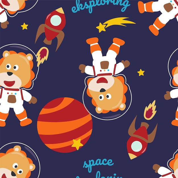 León astronauta lindo de patrones sin fisuras en el espacio con estrellas de planetas de cohetes espaciales de estilo de dibujos animados