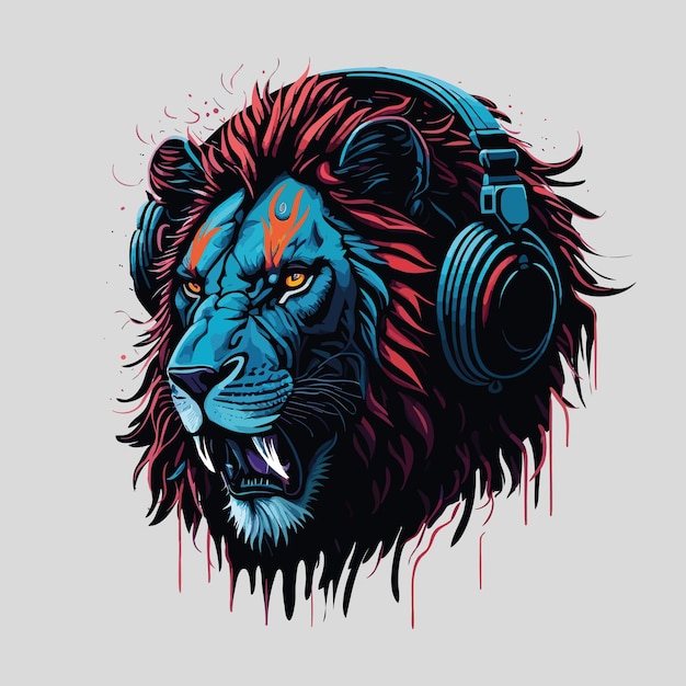 León azul con auriculares