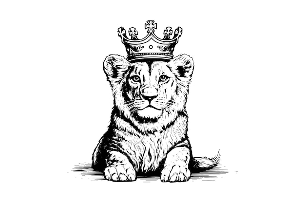 León bebé en la corona Ilustración dibujada a mano para el diseño del emblema del logotipo del tatuaje Grabado