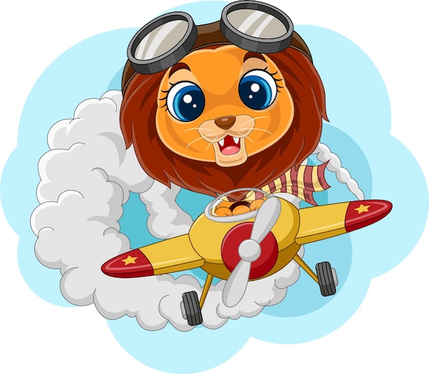 León bebé de dibujos animados operando un avión