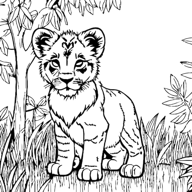 león bebé sentado en el bosque libros de colorear para niños