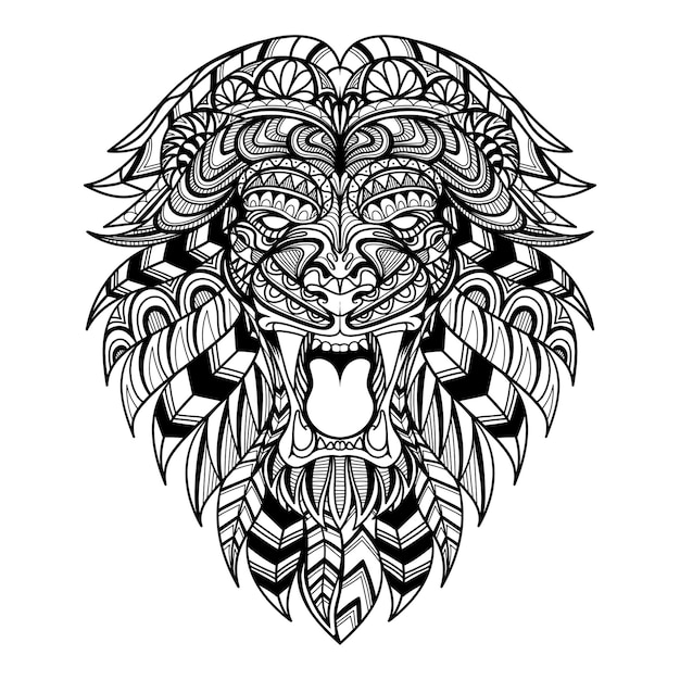 León cabeza enojado mandala zentangle para colorear página ilustración