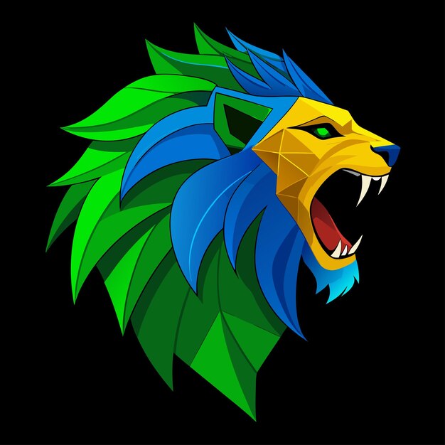 un león con una cabeza de león en un fondo negro