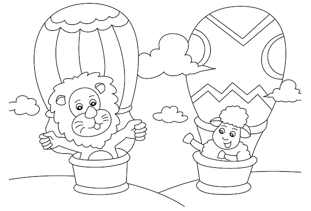 Vector león y cabra con globos para colorear página o libro para niños vector