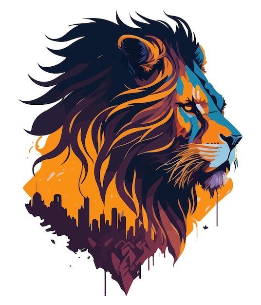 Un león con una ciudad al fondo.