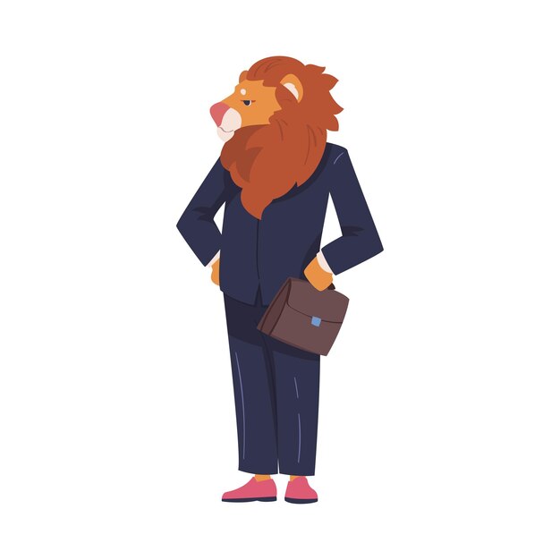 León como empleado de oficina de animales con traje corporativo formal de pie con ilustración vectorial de maletín