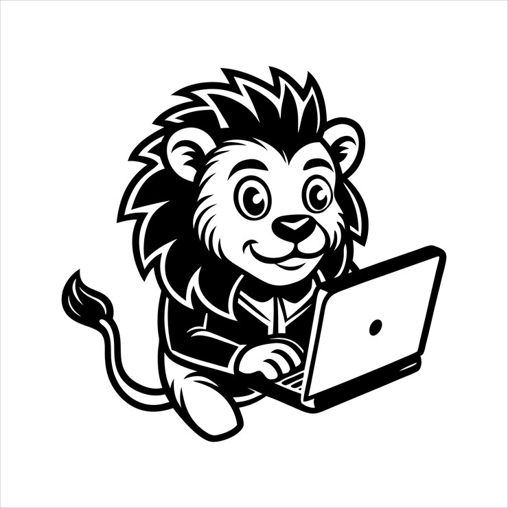 Vector un león con una computadora portátil que dice león en él