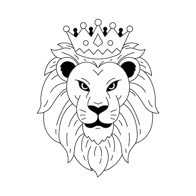 Vector león dibujado a mano con ilustración de contorno de corona
