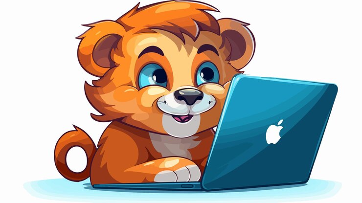 Vector león de dibujos animados alegre usando la computadora