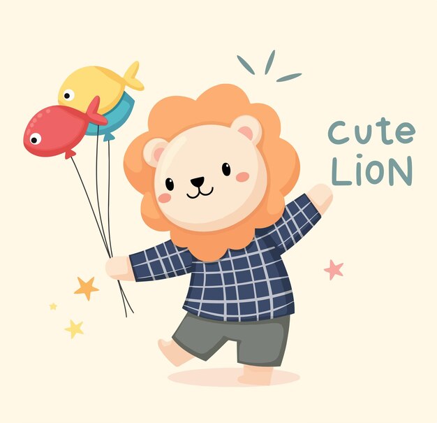 León de dibujos animados con globos de peces