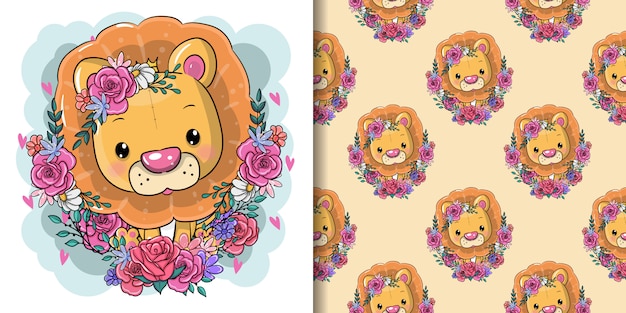 Vector león de dibujos animados lindo con flores, patrones sin fisuras