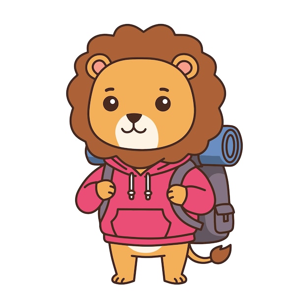 León de dibujos animados con mochila listo para la aventura