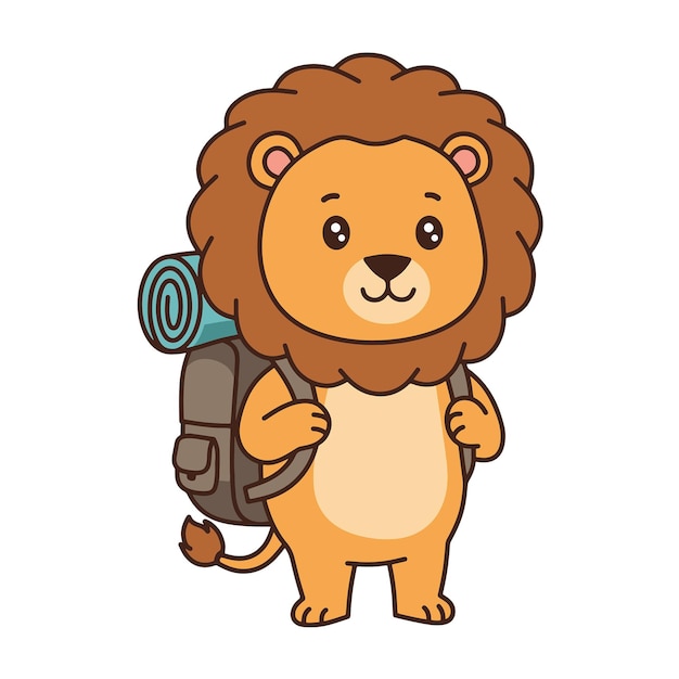 León de dibujos animados con mochila listo para la aventura