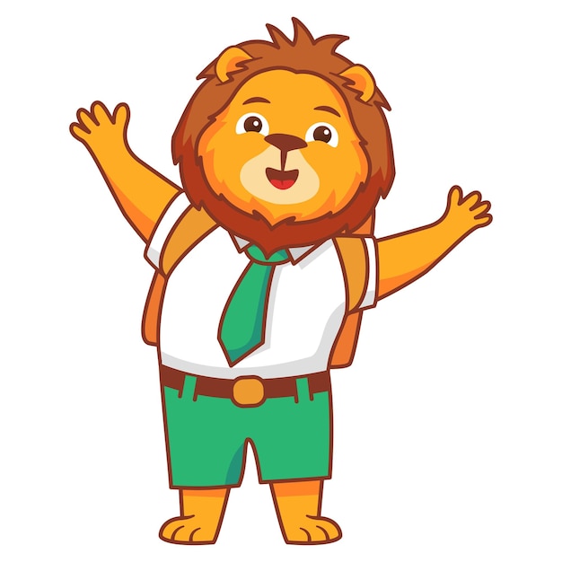 Un león de dibujos animados que va a la escuela Un león pequeño y encantador con un uniforme escolar y una bolsa