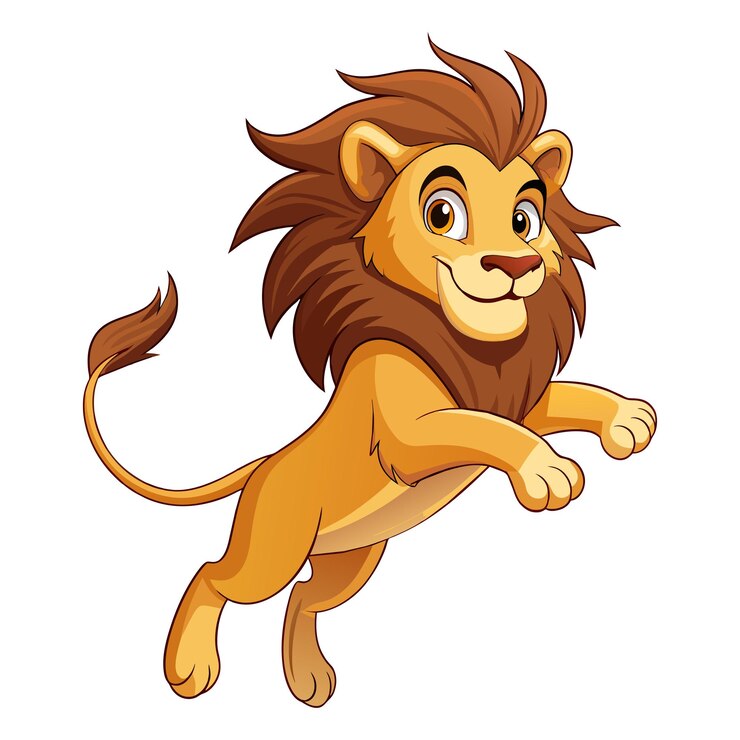 Un león de dibujos animados saltando sobre un fondo blanco