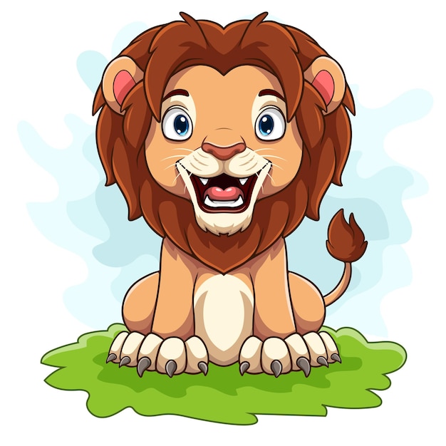 Vector león de dibujos animados sentado en la hierba