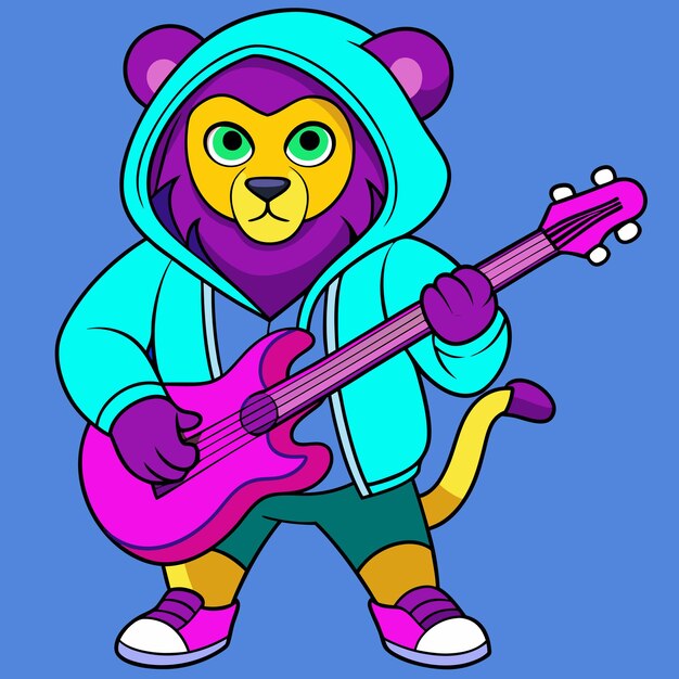León con diseño gráfico vectorial de guitarra