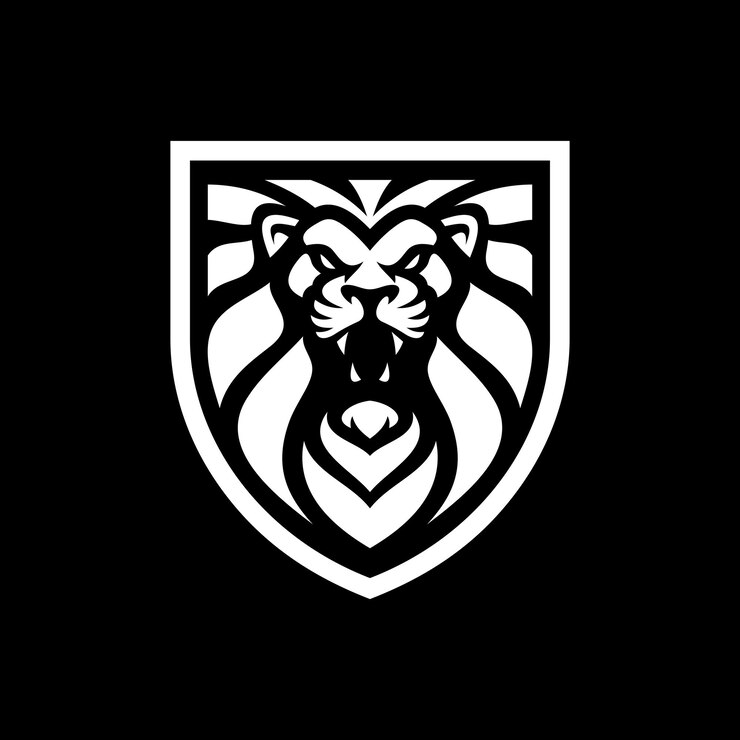 Vector león escudo línea arte o silueta emblema logo diseño león cabeza y escudo vector ilustración