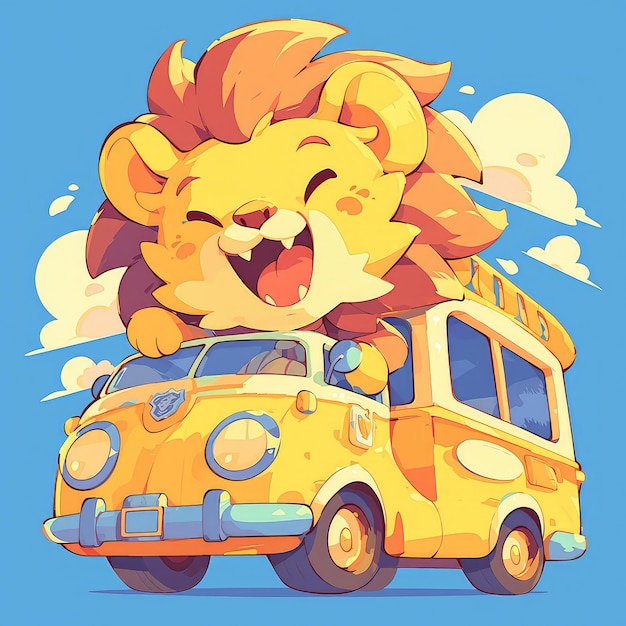 Un león está conduciendo un autobús al estilo de los dibujos animados