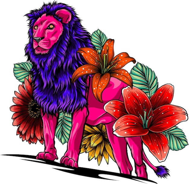 León con flores gráficos vectoriales ilustración en color sobre fondo blanco